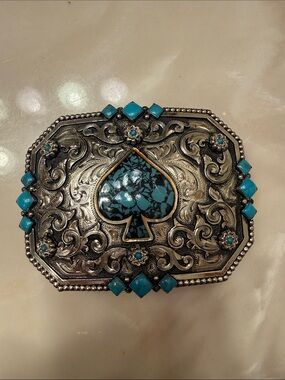 Ornate Silver-Tone Turquoise Spade Belt Buckle